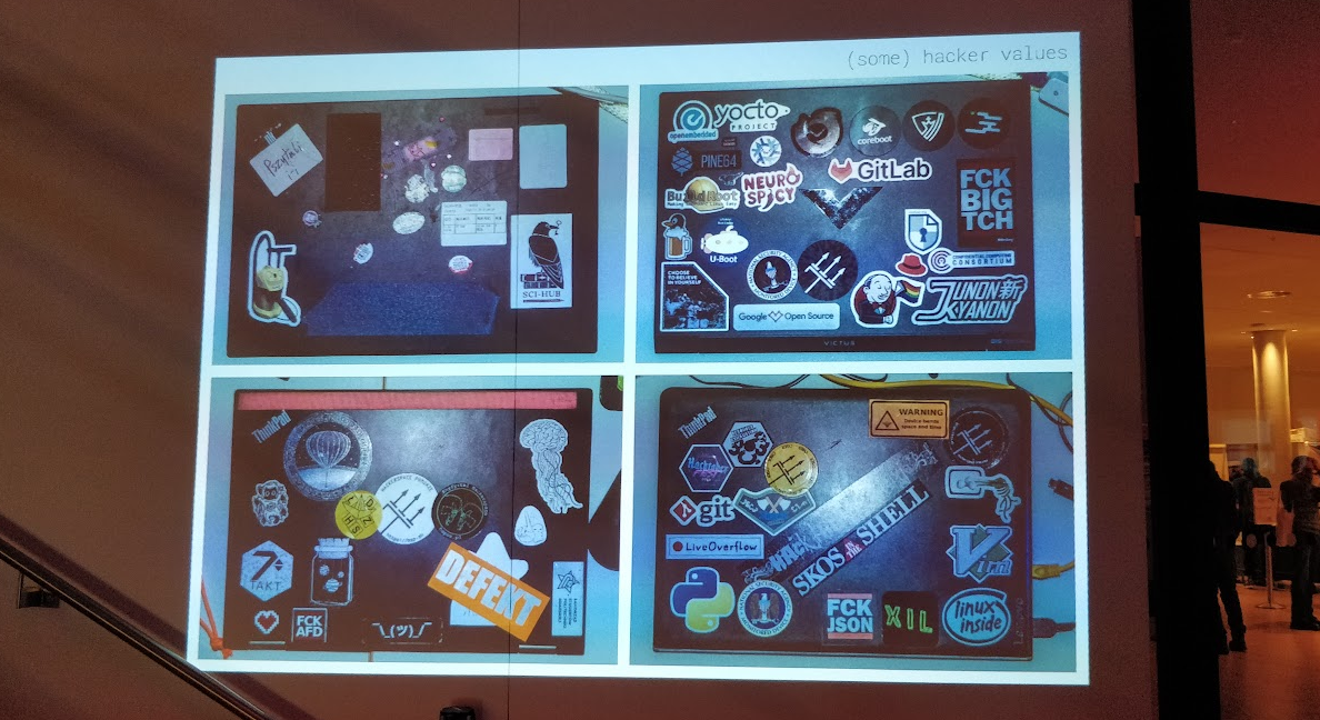 Projection of four photos presenting laptop covers with stickers